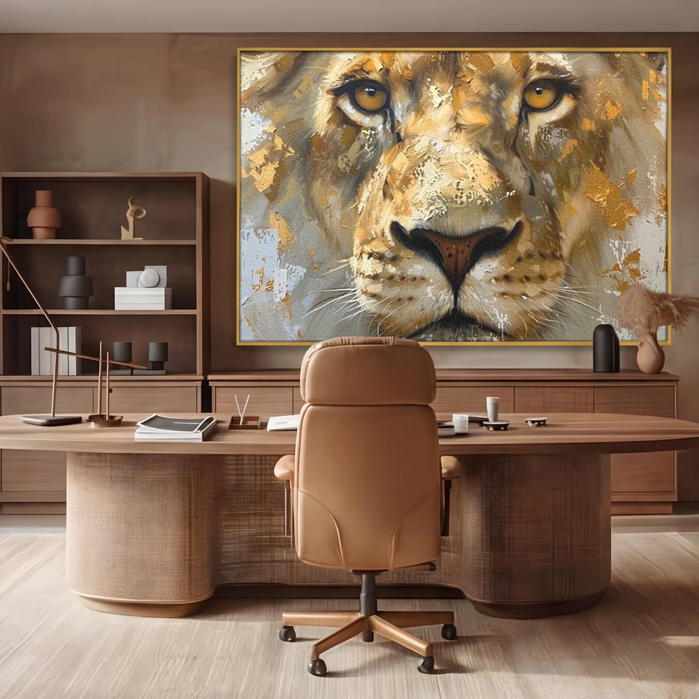 Leinwandbilder Premium, LuxCanva® M1392, Königlicher Fußabdruck, König des Dschungels, Löwe, Tier, Wild, Gold, Luxus, Modern, Modern, Kraftvoll, Elegant, Blickfang, Büro, Wohnen, Kinderzimmer