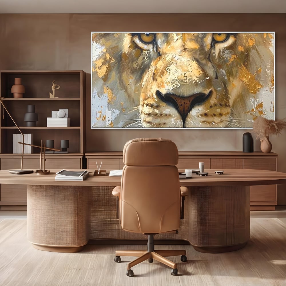Leinwandbilder Premium, LuxCanva® M1392, Königlicher Fußabdruck, König des Dschungels, Löwe, Tier, Wild, Gold, Luxus, Modern, Modern, Kraftvoll, Elegant, Blickfang, Büro, Wohnen, Kinderzimmer