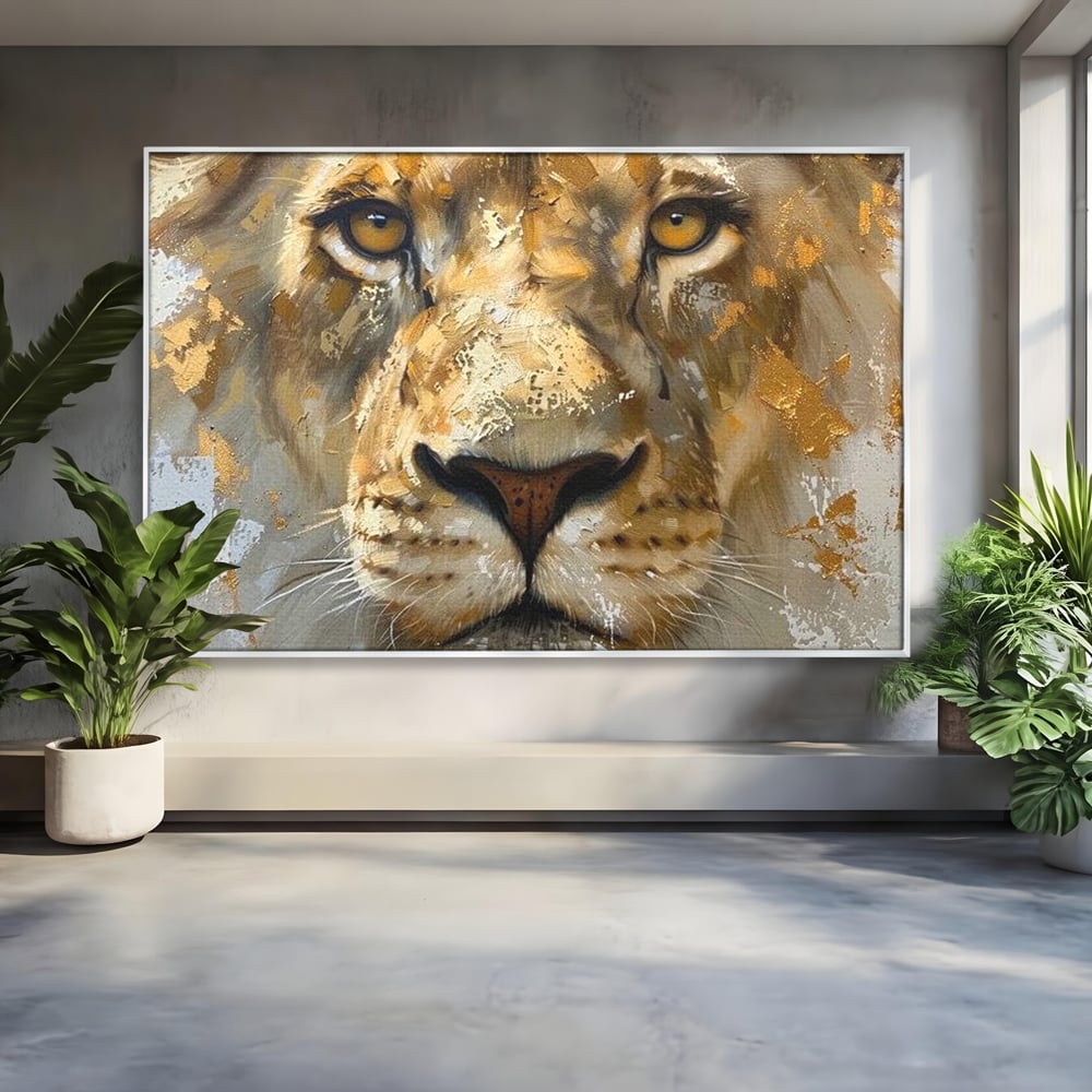 Leinwandbilder Premium, LuxCanva® M1392, Königlicher Fußabdruck, König des Dschungels, Löwe, Tier, Wild, Gold, Luxus, Modern, Modern, Kraftvoll, Elegant, Blickfang, Büro, Wohnen, Kinderzimmer