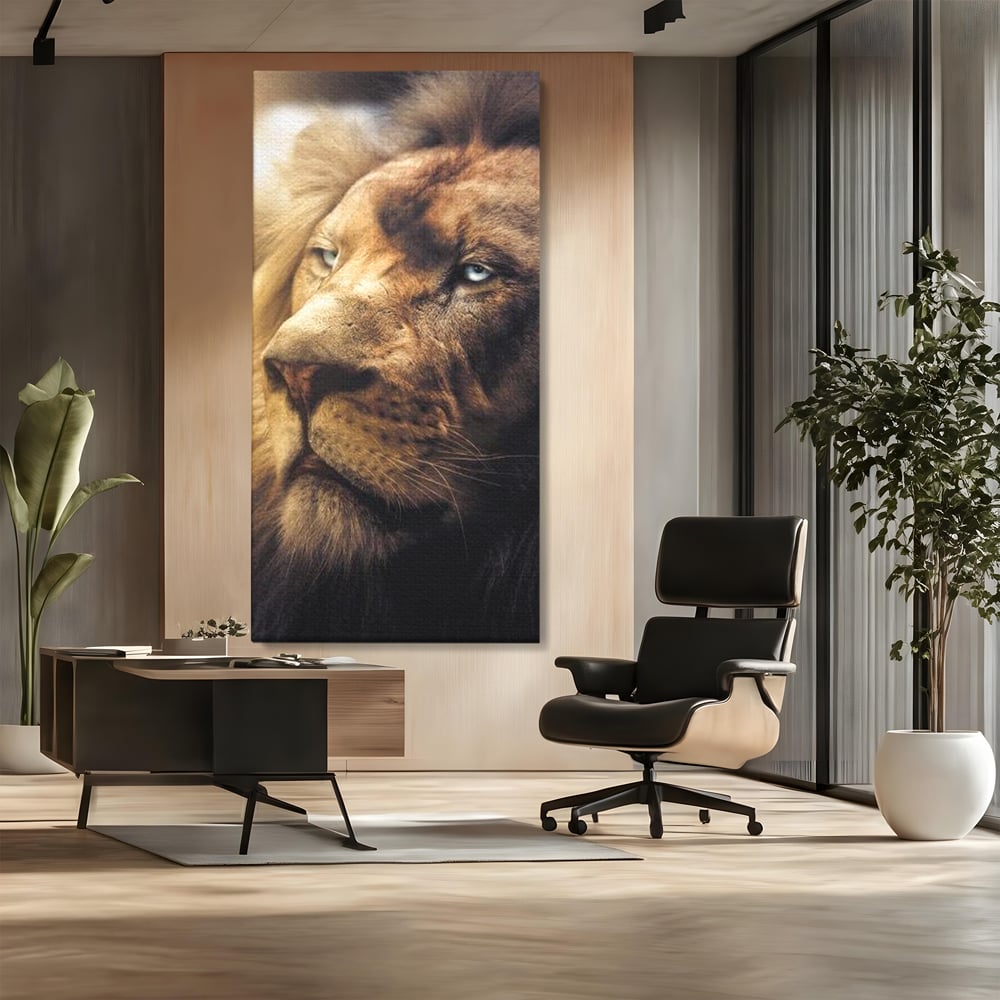 Leinwandbilder Premium, LuxCanva® M1393, Eisblick, Realistisch, Portrait, Gesicht, Dschungel, Geheimnisvoll, Denker, Meditation, Wild, Tier, Löwe, Büro, Wohnen, Kinderzimmer