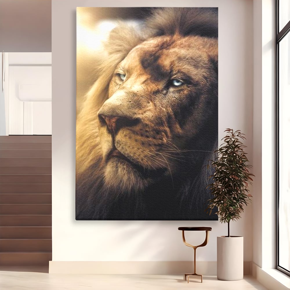 Leinwandbilder Premium, LuxCanva® M1393, Eisblick, Realistisch, Portrait, Gesicht, Dschungel, Geheimnisvoll, Denker, Meditation, Wild, Tier, Löwe, Büro, Wohnen, Kinderzimmer