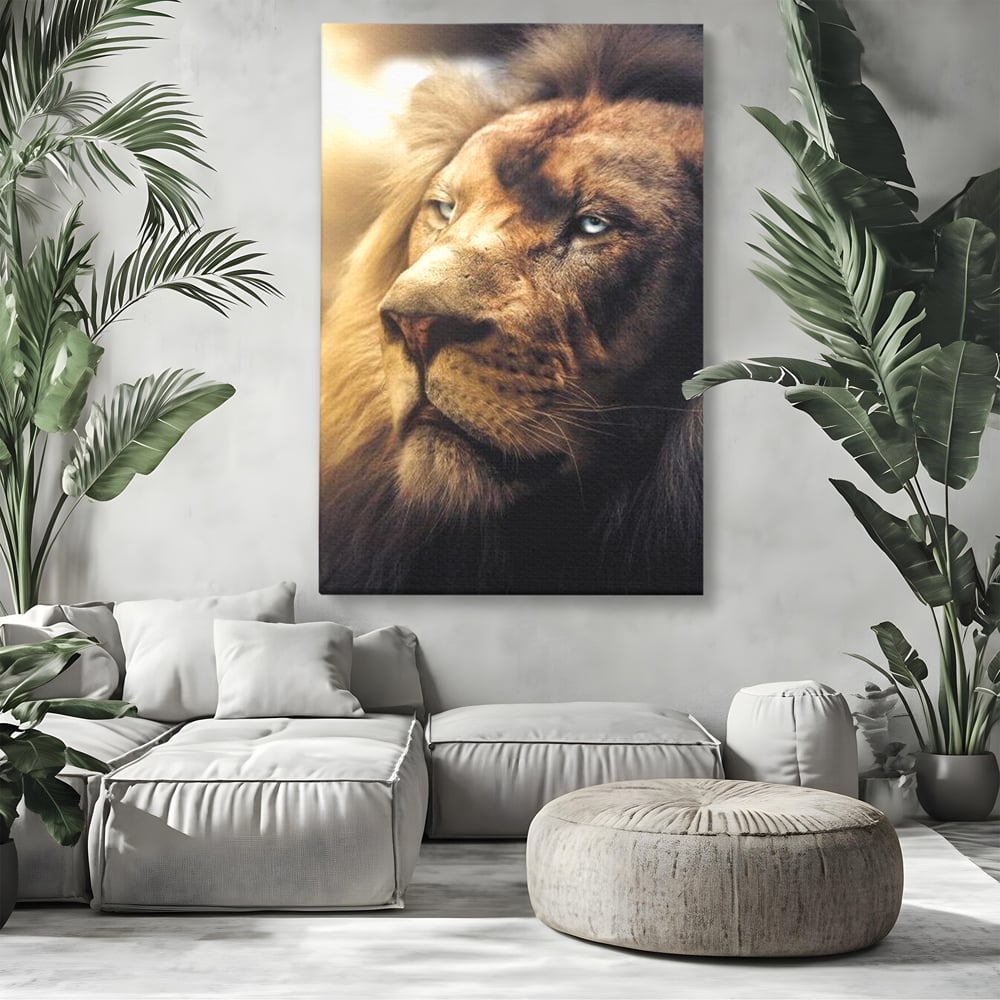 Leinwandbilder Premium, LuxCanva® M1393, Eisblick, Realistisch, Portrait, Gesicht, Dschungel, Geheimnisvoll, Denker, Meditation, Wild, Tier, Löwe, Büro, Wohnen, Kinderzimmer