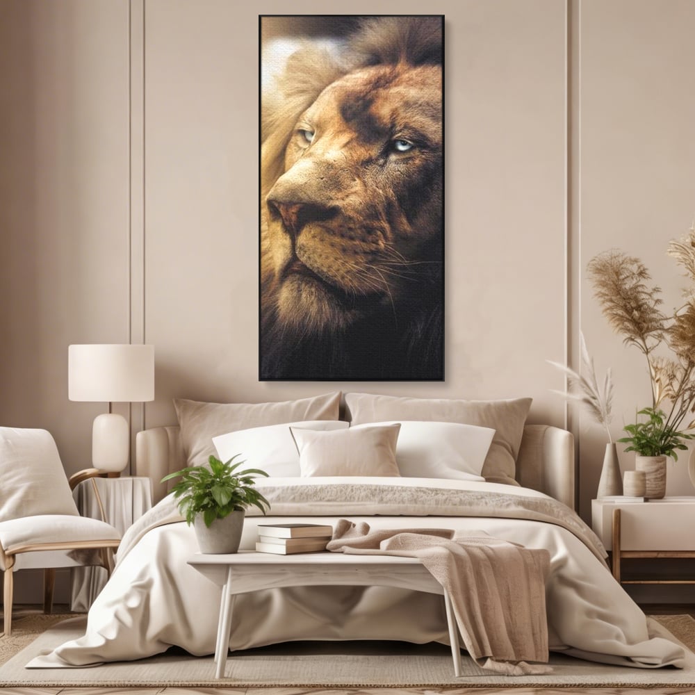 Leinwandbilder Premium, LuxCanva® M1393, Eisblick, Realistisch, Portrait, Gesicht, Dschungel, Geheimnisvoll, Denker, Meditation, Wild, Tier, Löwe, Büro, Wohnen, Kinderzimmer