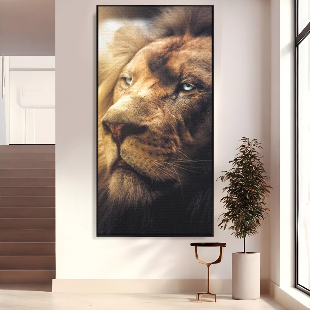 Leinwandbilder Premium, LuxCanva® M1393, Eisblick, Realistisch, Portrait, Gesicht, Dschungel, Geheimnisvoll, Denker, Meditation, Wild, Tier, Löwe, Büro, Wohnen, Kinderzimmer