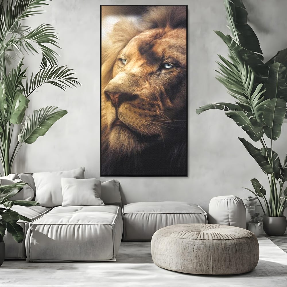 Leinwandbilder Premium, LuxCanva® M1393, Eisblick, Realistisch, Portrait, Gesicht, Dschungel, Geheimnisvoll, Denker, Meditation, Wild, Tier, Löwe, Büro, Wohnen, Kinderzimmer