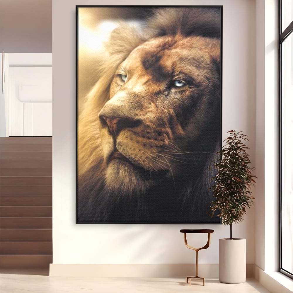 Leinwandbilder Premium, LuxCanva® M1393, Eisblick, Realistisch, Portrait, Gesicht, Dschungel, Geheimnisvoll, Denker, Meditation, Wild, Tier, Löwe, Büro, Wohnen, Kinderzimmer