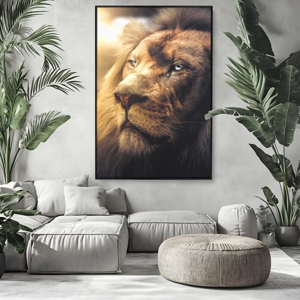Leinwandbilder Premium, LuxCanva® M1393, Eisblick, Realistisch, Portrait, Gesicht, Dschungel, Geheimnisvoll, Denker, Meditation, Wild, Tier, Löwe, Büro, Wohnen, Kinderzimmer