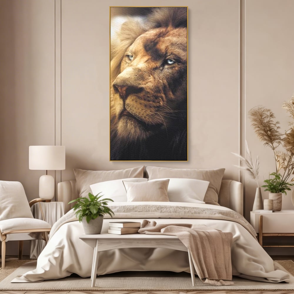 Leinwandbilder Premium, LuxCanva® M1393, Eisblick, Realistisch, Portrait, Gesicht, Dschungel, Geheimnisvoll, Denker, Meditation, Wild, Tier, Löwe, Büro, Wohnen, Kinderzimmer