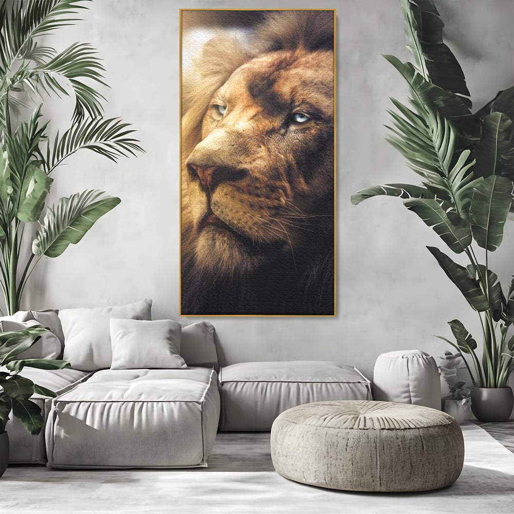 Leinwandbilder Premium, LuxCanva® M1393, Eisblick, Realistisch, Portrait, Gesicht, Dschungel, Geheimnisvoll, Denker, Meditation, Wild, Tier, Löwe, Büro, Wohnen, Kinderzimmer