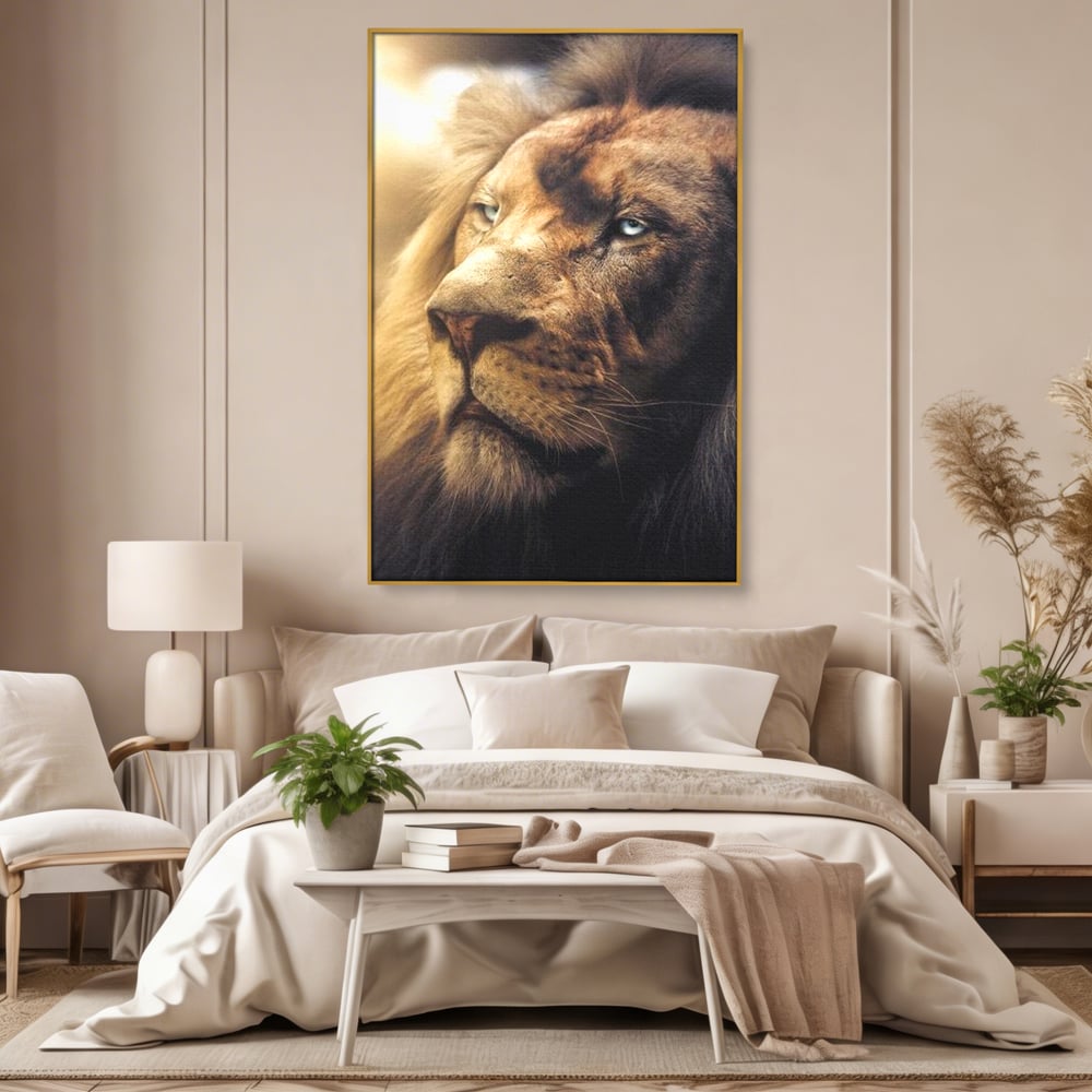 Leinwandbilder Premium, LuxCanva® M1393, Eisblick, Realistisch, Portrait, Gesicht, Dschungel, Geheimnisvoll, Denker, Meditation, Wild, Tier, Löwe, Büro, Wohnen, Kinderzimmer
