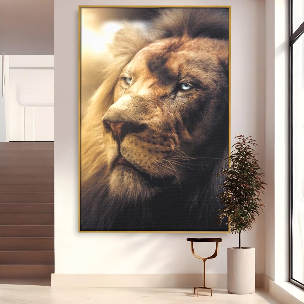 Leinwandbilder Premium, LuxCanva® M1393, Eisblick, Realistisch, Portrait, Gesicht, Dschungel, Geheimnisvoll, Denker, Meditation, Wild, Tier, Löwe, Büro, Wohnen, Kinderzimmer