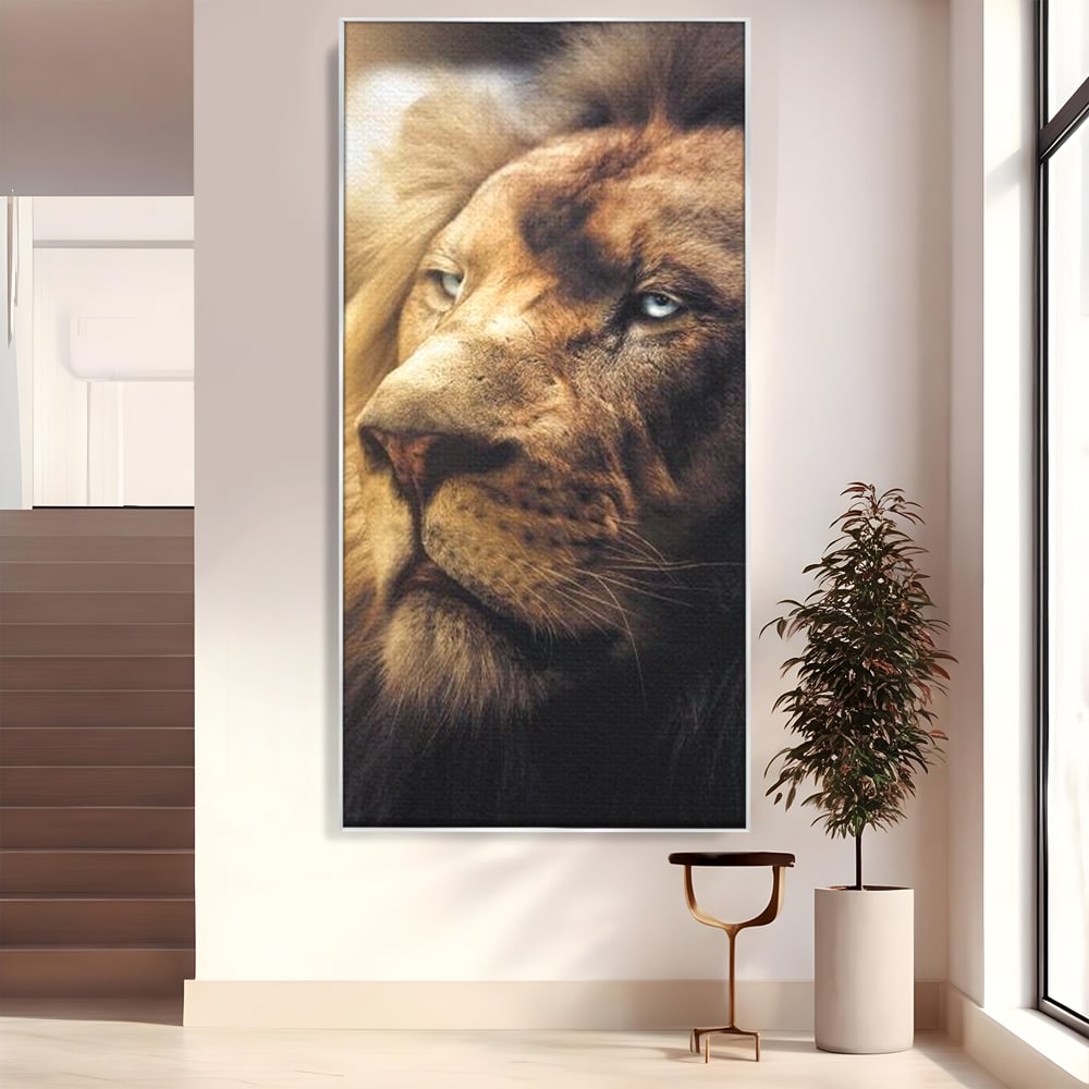 Leinwandbilder Premium, LuxCanva® M1393, Eisblick, Realistisch, Portrait, Gesicht, Dschungel, Geheimnisvoll, Denker, Meditation, Wild, Tier, Löwe, Büro, Wohnen, Kinderzimmer