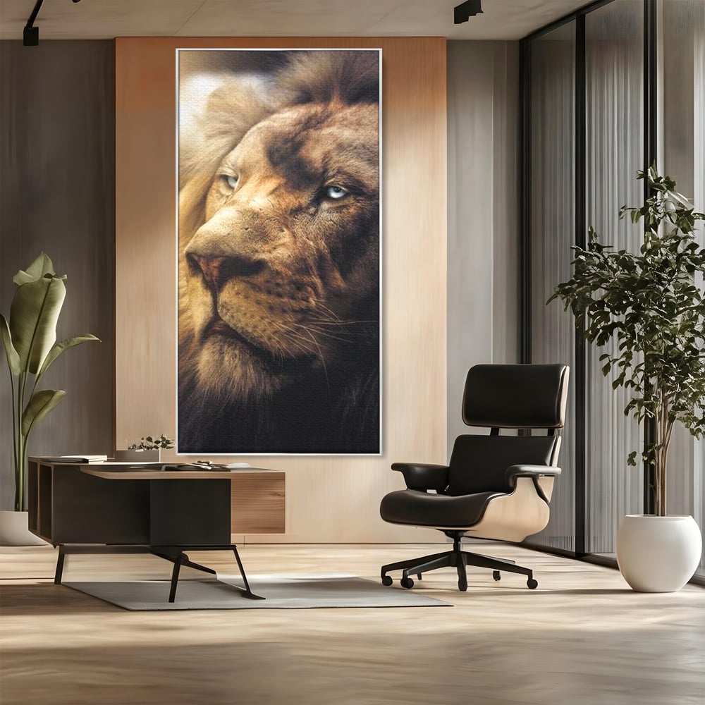 Leinwandbilder Premium, LuxCanva® M1393, Eisblick, Realistisch, Portrait, Gesicht, Dschungel, Geheimnisvoll, Denker, Meditation, Wild, Tier, Löwe, Büro, Wohnen, Kinderzimmer