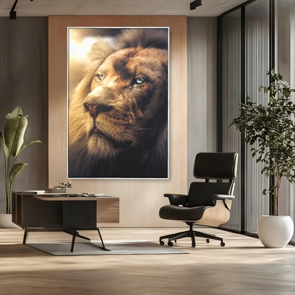 Leinwandbilder Premium, LuxCanva® M1393, Eisblick, Realistisch, Portrait, Gesicht, Dschungel, Geheimnisvoll, Denker, Meditation, Wild, Tier, Löwe, Büro, Wohnen, Kinderzimmer