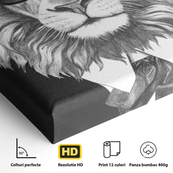 Tablou Canvas Premium, LuxCanva® M1394, Regele cu Stil, Cool, Gentleman, Boss, Costum, Elegant, Ochelari, Leu, Animal, Salbatic, Moda, Birou, Living, Camera Copil