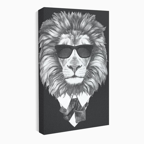 Tablou Canvas Premium, LuxCanva® M1394, Regele cu Stil, Cool, Gentleman, Boss, Costum, Elegant, Ochelari, Leu, Animal, Salbatic, Moda, Birou, Living, Camera Copil