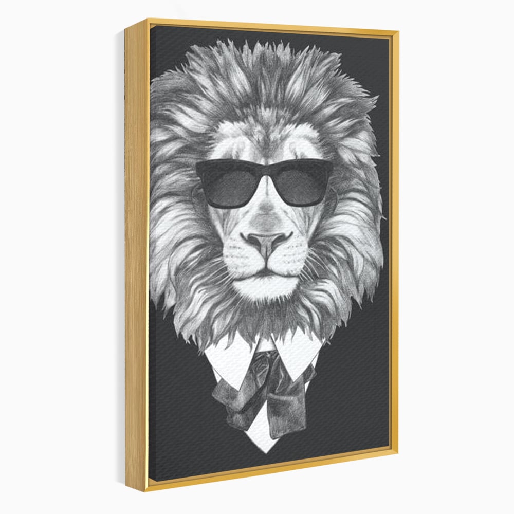 Tablou Canvas Premium, LuxCanva® M1394, Regele cu Stil, Cool, Gentleman, Boss, Costum, Elegant, Ochelari, Leu, Animal, Salbatic, Moda, Birou, Living, Camera Copil