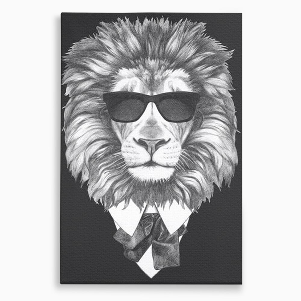 Tablou Canvas Premium, LuxCanva® M1394, Regele cu Stil, Cool, Gentleman, Boss, Costum, Elegant, Ochelari, Leu, Animal, Salbatic, Moda, Birou, Living, Camera Copil