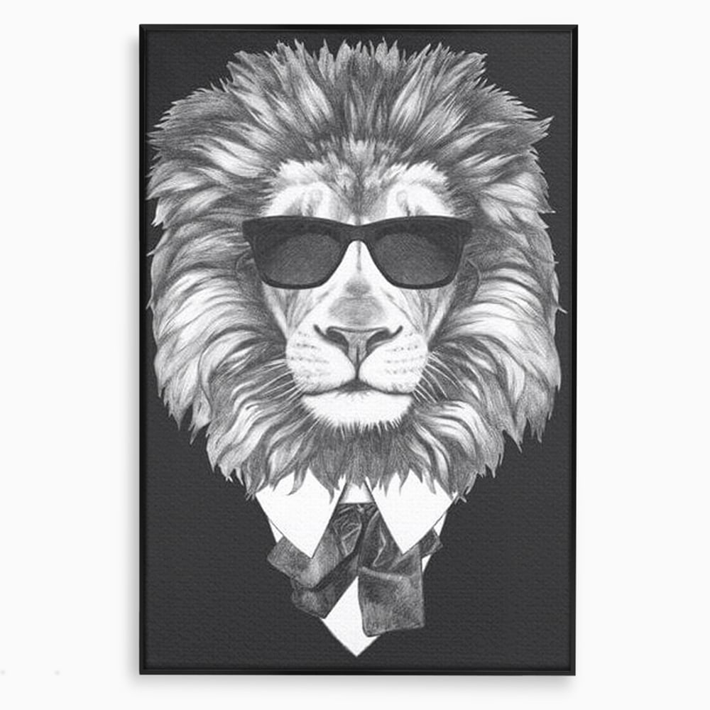 Tablou Canvas Premium, LuxCanva® M1394, Regele cu Stil, Cool, Gentleman, Boss, Costum, Elegant, Ochelari, Leu, Animal, Salbatic, Moda, Birou, Living, Camera Copil