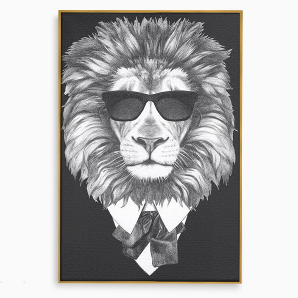 Tablou Canvas Premium, LuxCanva® M1394, Regele cu Stil, Cool, Gentleman, Boss, Costum, Elegant, Ochelari, Leu, Animal, Salbatic, Moda, Birou, Living, Camera Copil