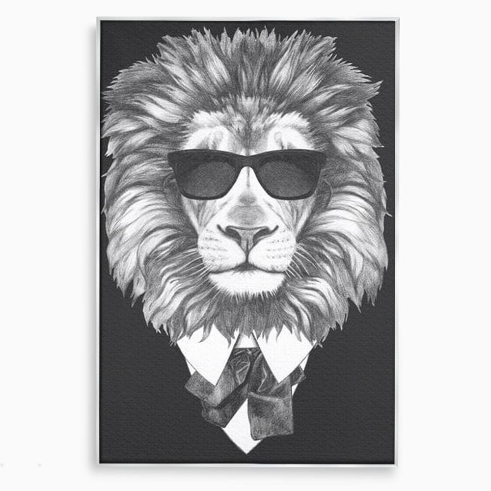 Tablou Canvas Premium, LuxCanva® M1394, Regele cu Stil, Cool, Gentleman, Boss, Costum, Elegant, Ochelari, Leu, Animal, Salbatic, Moda, Birou, Living, Camera Copil