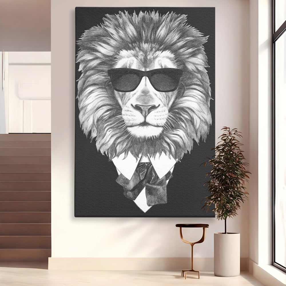 Tablou Canvas Premium, LuxCanva® M1394, Regele cu Stil, Cool, Gentleman, Boss, Costum, Elegant, Ochelari, Leu, Animal, Salbatic, Moda, Birou, Living, Camera Copil