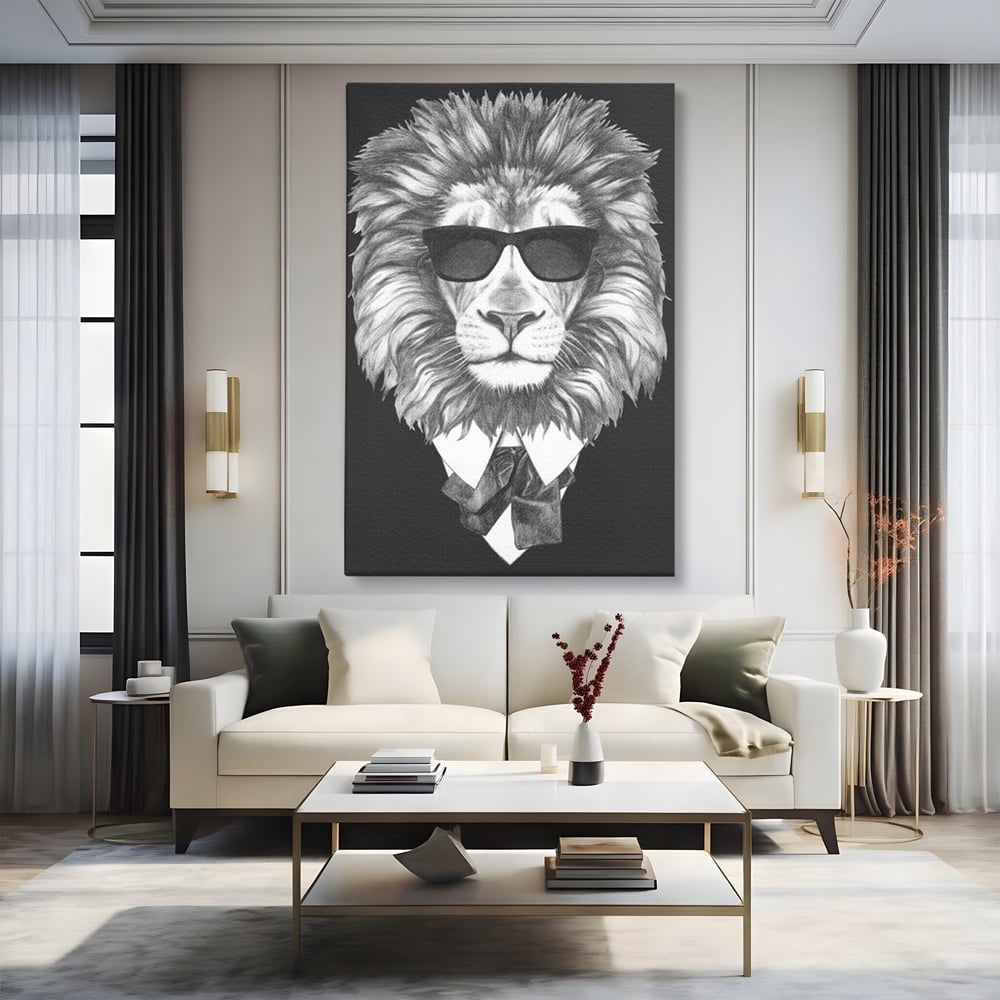 Tablou Canvas Premium, LuxCanva® M1394, Regele cu Stil, Cool, Gentleman, Boss, Costum, Elegant, Ochelari, Leu, Animal, Salbatic, Moda, Birou, Living, Camera Copil