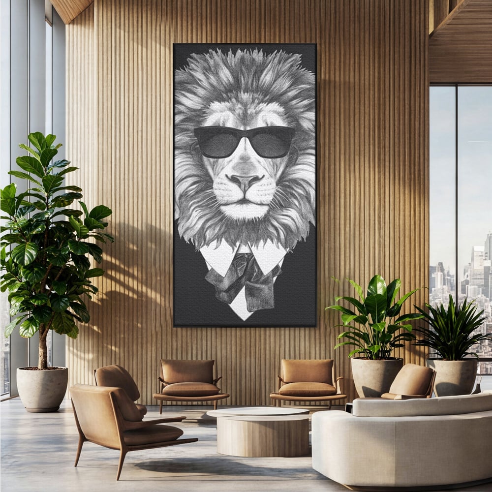 Tablou Canvas Premium, LuxCanva® M1394, Regele cu Stil, Cool, Gentleman, Boss, Costum, Elegant, Ochelari, Leu, Animal, Salbatic, Moda, Birou, Living, Camera Copil