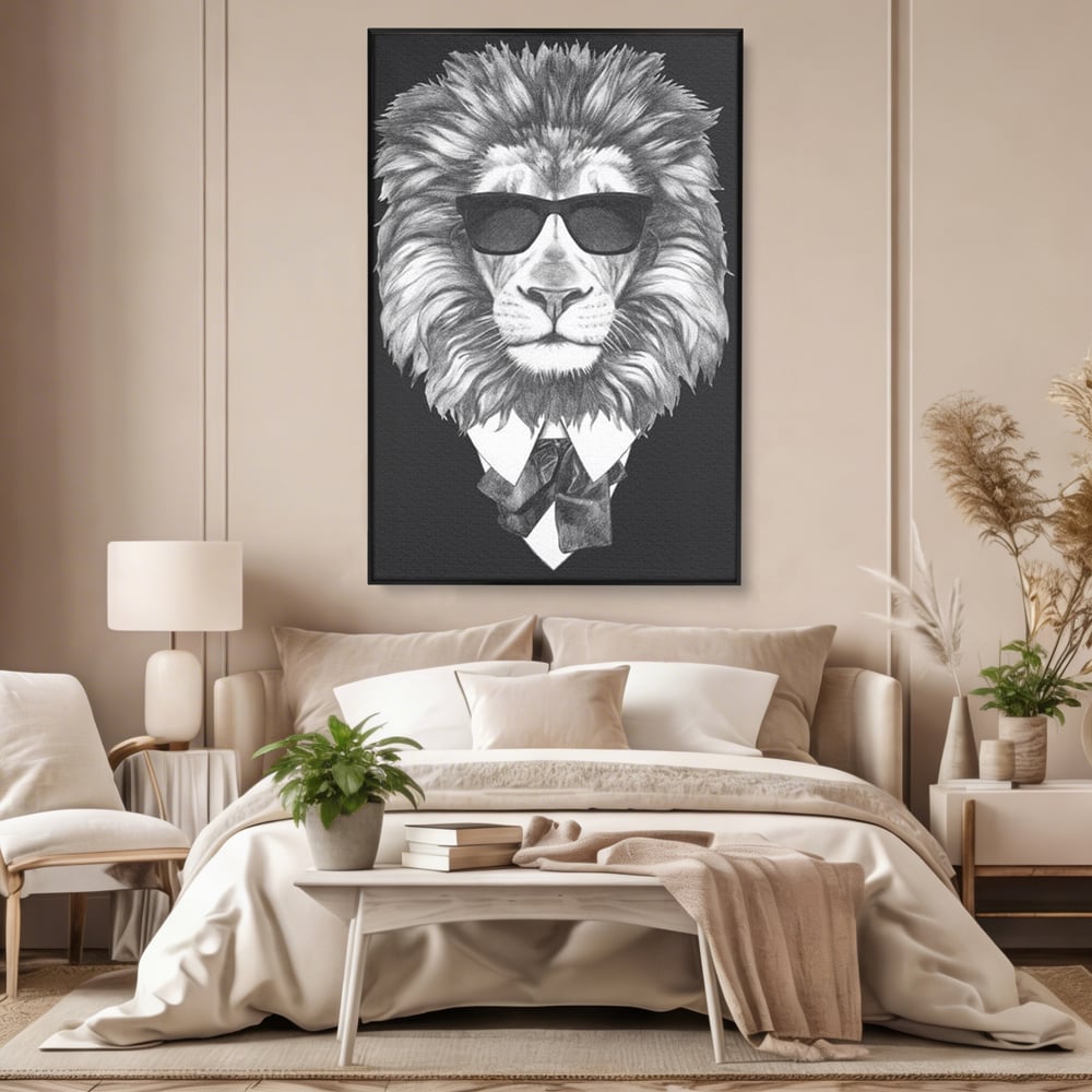 Tablou Canvas Premium, LuxCanva® M1394, Regele cu Stil, Cool, Gentleman, Boss, Costum, Elegant, Ochelari, Leu, Animal, Salbatic, Moda, Birou, Living, Camera Copil