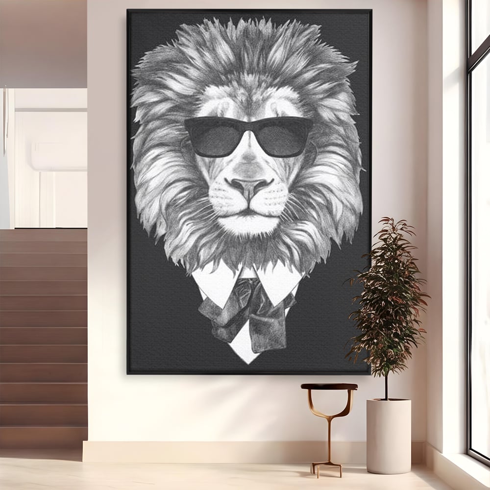 Tablou Canvas Premium, LuxCanva® M1394, Regele cu Stil, Cool, Gentleman, Boss, Costum, Elegant, Ochelari, Leu, Animal, Salbatic, Moda, Birou, Living, Camera Copil