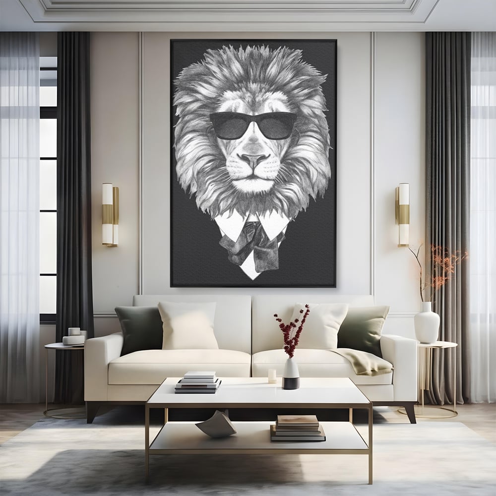 Tablou Canvas Premium, LuxCanva® M1394, Regele cu Stil, Cool, Gentleman, Boss, Costum, Elegant, Ochelari, Leu, Animal, Salbatic, Moda, Birou, Living, Camera Copil