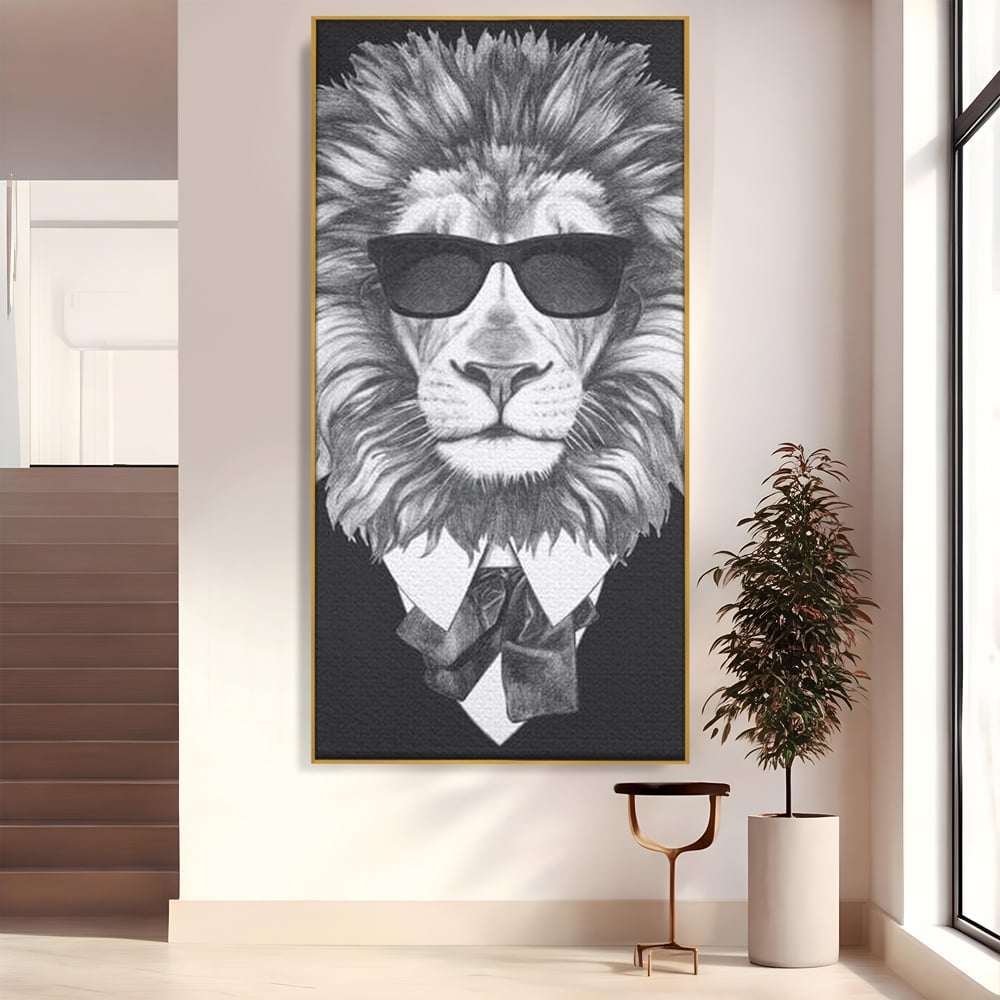 Tablou Canvas Premium, LuxCanva® M1394, Regele cu Stil, Cool, Gentleman, Boss, Costum, Elegant, Ochelari, Leu, Animal, Salbatic, Moda, Birou, Living, Camera Copil