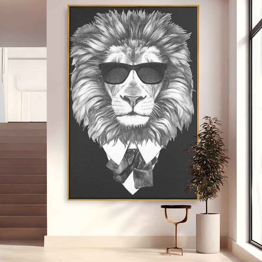 Tablou Canvas Premium, LuxCanva® M1394, Regele cu Stil, Cool, Gentleman, Boss, Costum, Elegant, Ochelari, Leu, Animal, Salbatic, Moda, Birou, Living, Camera Copil