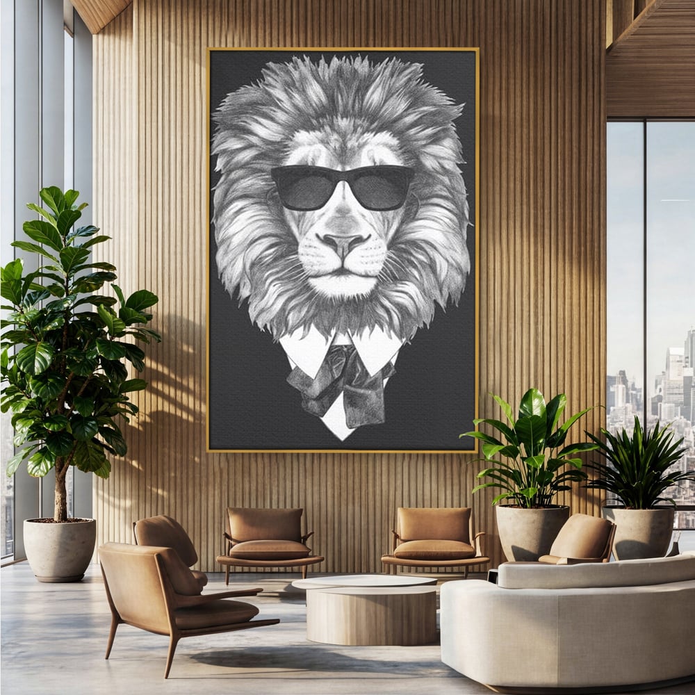 Tablou Canvas Premium, LuxCanva® M1394, Regele cu Stil, Cool, Gentleman, Boss, Costum, Elegant, Ochelari, Leu, Animal, Salbatic, Moda, Birou, Living, Camera Copil