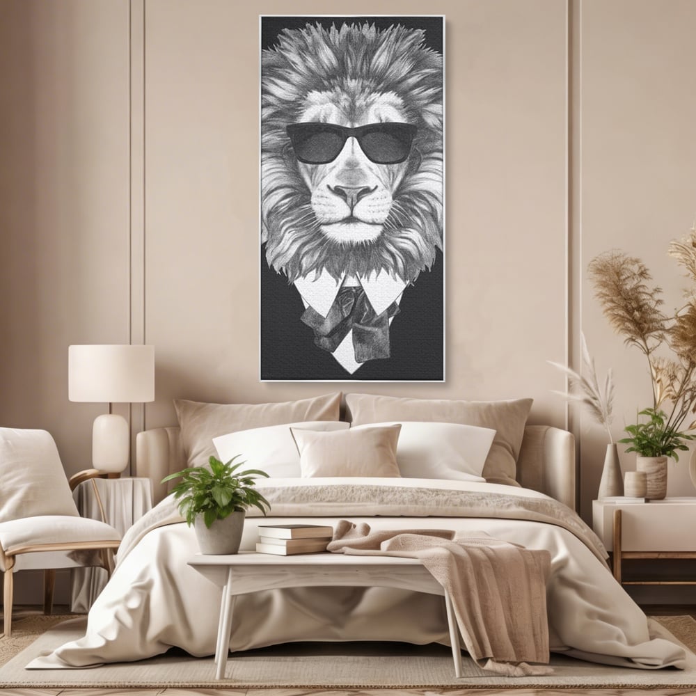 Tablou Canvas Premium, LuxCanva® M1394, Regele cu Stil, Cool, Gentleman, Boss, Costum, Elegant, Ochelari, Leu, Animal, Salbatic, Moda, Birou, Living, Camera Copil