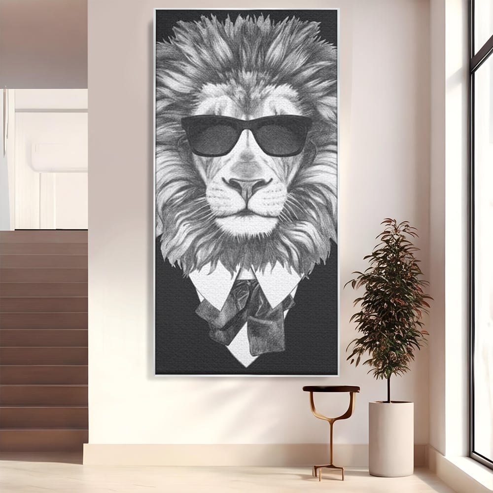 Tablou Canvas Premium, LuxCanva® M1394, Regele cu Stil, Cool, Gentleman, Boss, Costum, Elegant, Ochelari, Leu, Animal, Salbatic, Moda, Birou, Living, Camera Copil