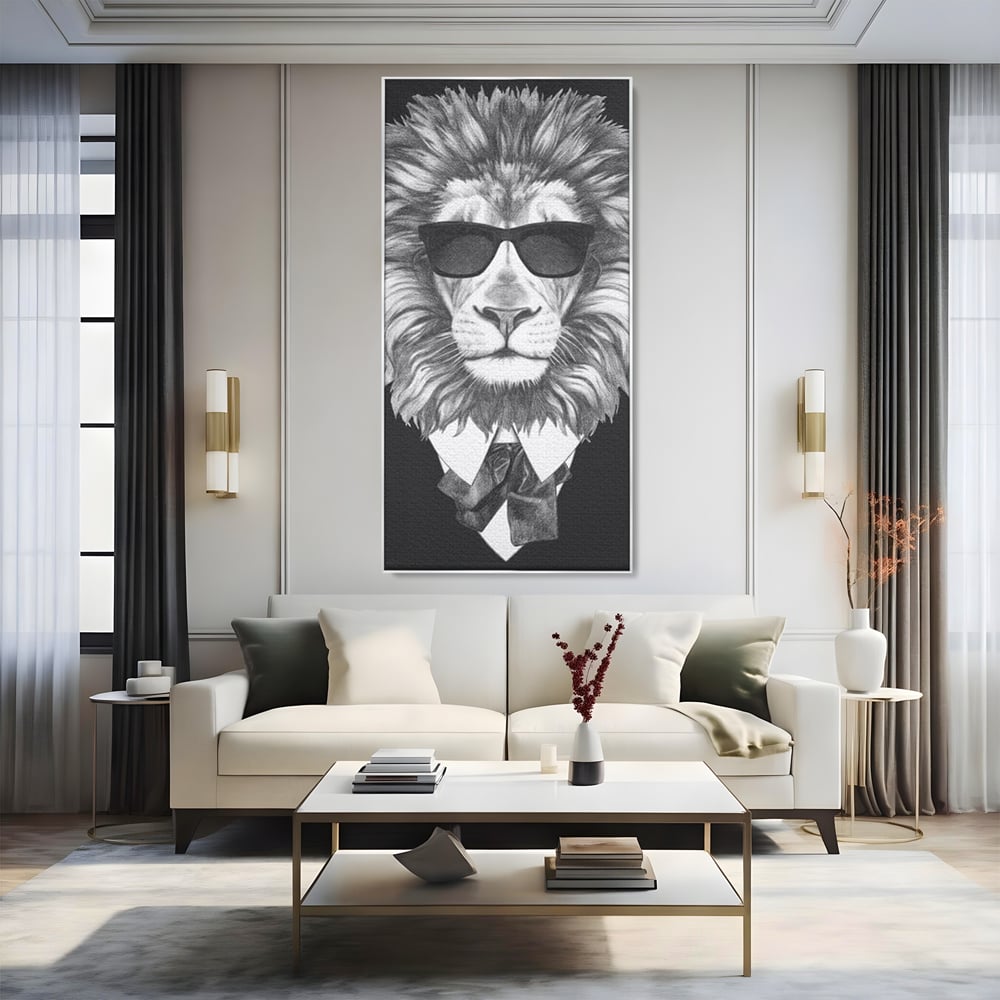 Tablou Canvas Premium, LuxCanva® M1394, Regele cu Stil, Cool, Gentleman, Boss, Costum, Elegant, Ochelari, Leu, Animal, Salbatic, Moda, Birou, Living, Camera Copil
