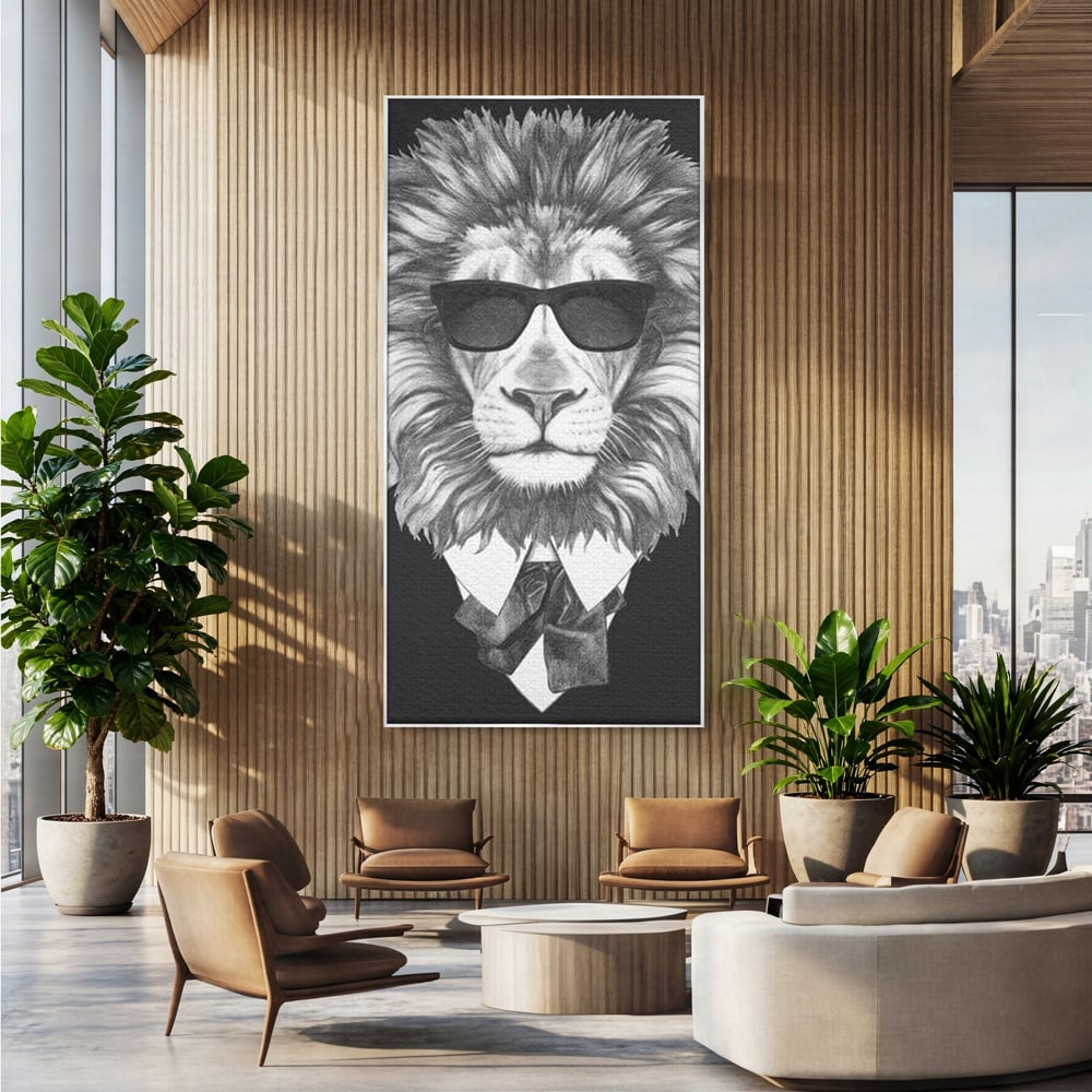 Tablou Canvas Premium, LuxCanva® M1394, Regele cu Stil, Cool, Gentleman, Boss, Costum, Elegant, Ochelari, Leu, Animal, Salbatic, Moda, Birou, Living, Camera Copil