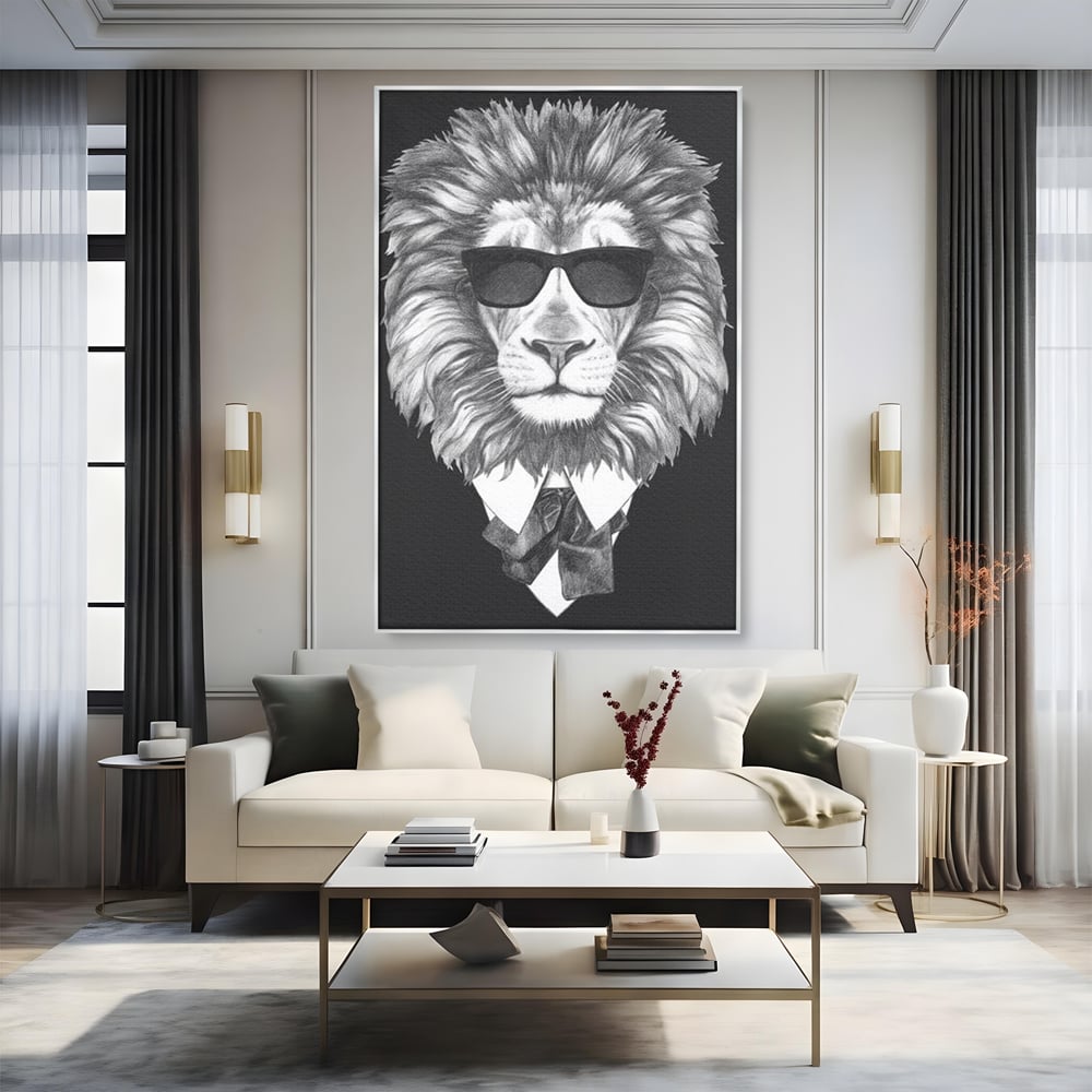 Tablou Canvas Premium, LuxCanva® M1394, Regele cu Stil, Cool, Gentleman, Boss, Costum, Elegant, Ochelari, Leu, Animal, Salbatic, Moda, Birou, Living, Camera Copil