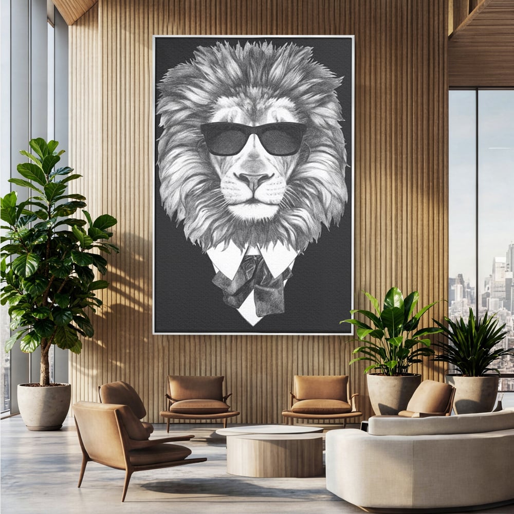 Tablou Canvas Premium, LuxCanva® M1394, Regele cu Stil, Cool, Gentleman, Boss, Costum, Elegant, Ochelari, Leu, Animal, Salbatic, Moda, Birou, Living, Camera Copil