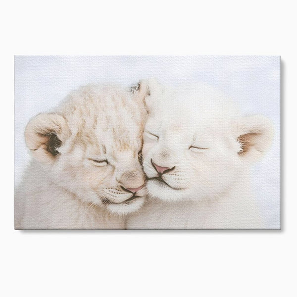 Leinwand Wandkunst Leinwand Wandkunst Premium, LuxCanva® M1395, Sweet Rest, Huhn, Küken, Löwen, Brüder, Schlaf, Unschuld, Reinheit, Reinheit, Umarmung, Traum, flauschig, liebenswert, Büro, Wohnen, Babyzimmer