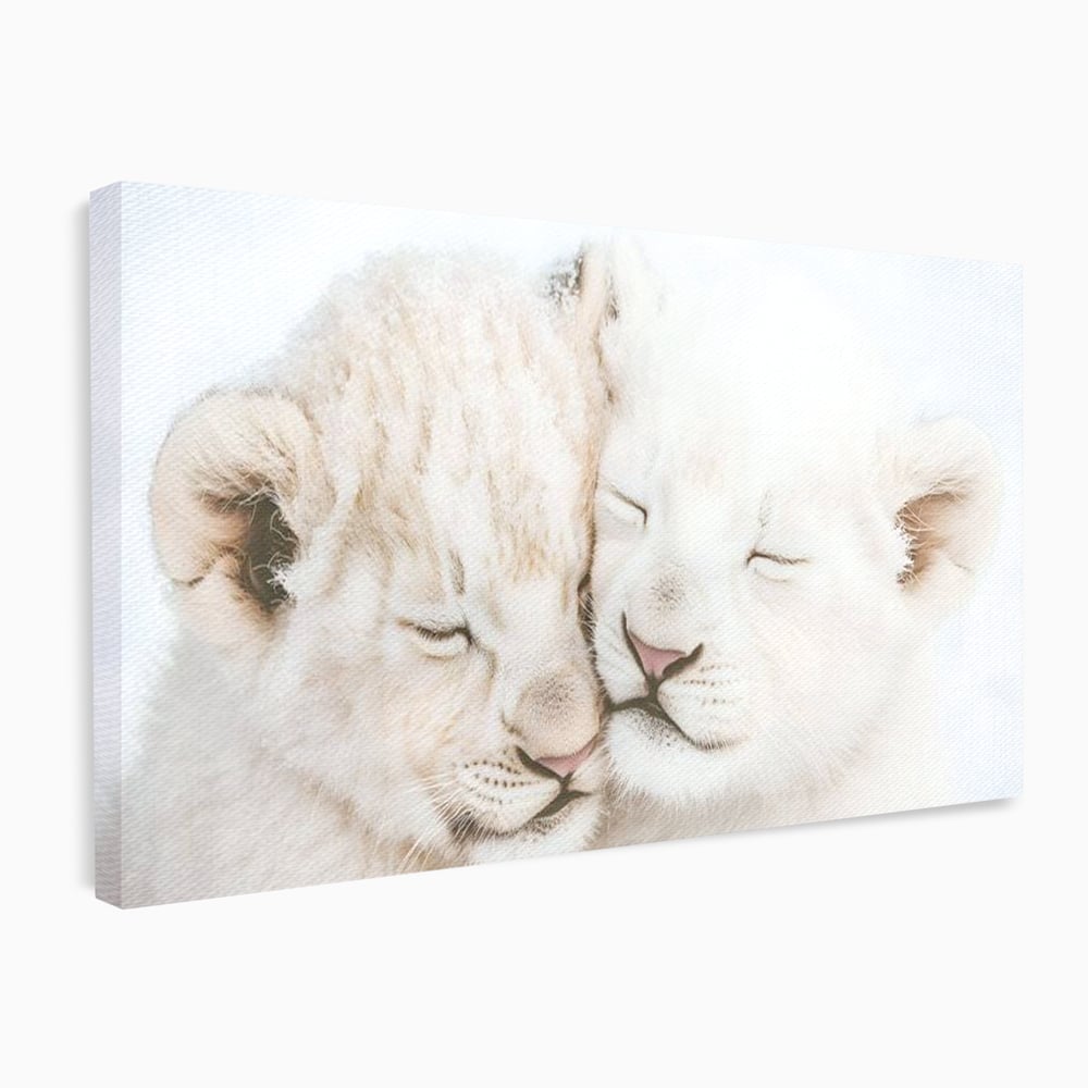 Leinwand Wandkunst Leinwand Wandkunst Premium, LuxCanva® M1395, Sweet Rest, Huhn, Küken, Löwen, Brüder, Schlaf, Unschuld, Reinheit, Reinheit, Umarmung, Traum, flauschig, liebenswert, Büro, Wohnen, Babyzimmer