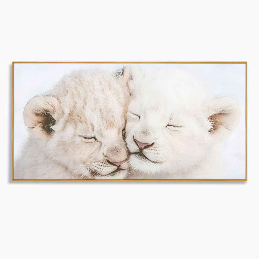Leinwand Wandkunst Leinwand Wandkunst Premium, LuxCanva® M1395, Sweet Rest, Huhn, Küken, Löwen, Brüder, Schlaf, Unschuld, Reinheit, Reinheit, Umarmung, Traum, flauschig, liebenswert, Büro, Wohnen, Babyzimmer