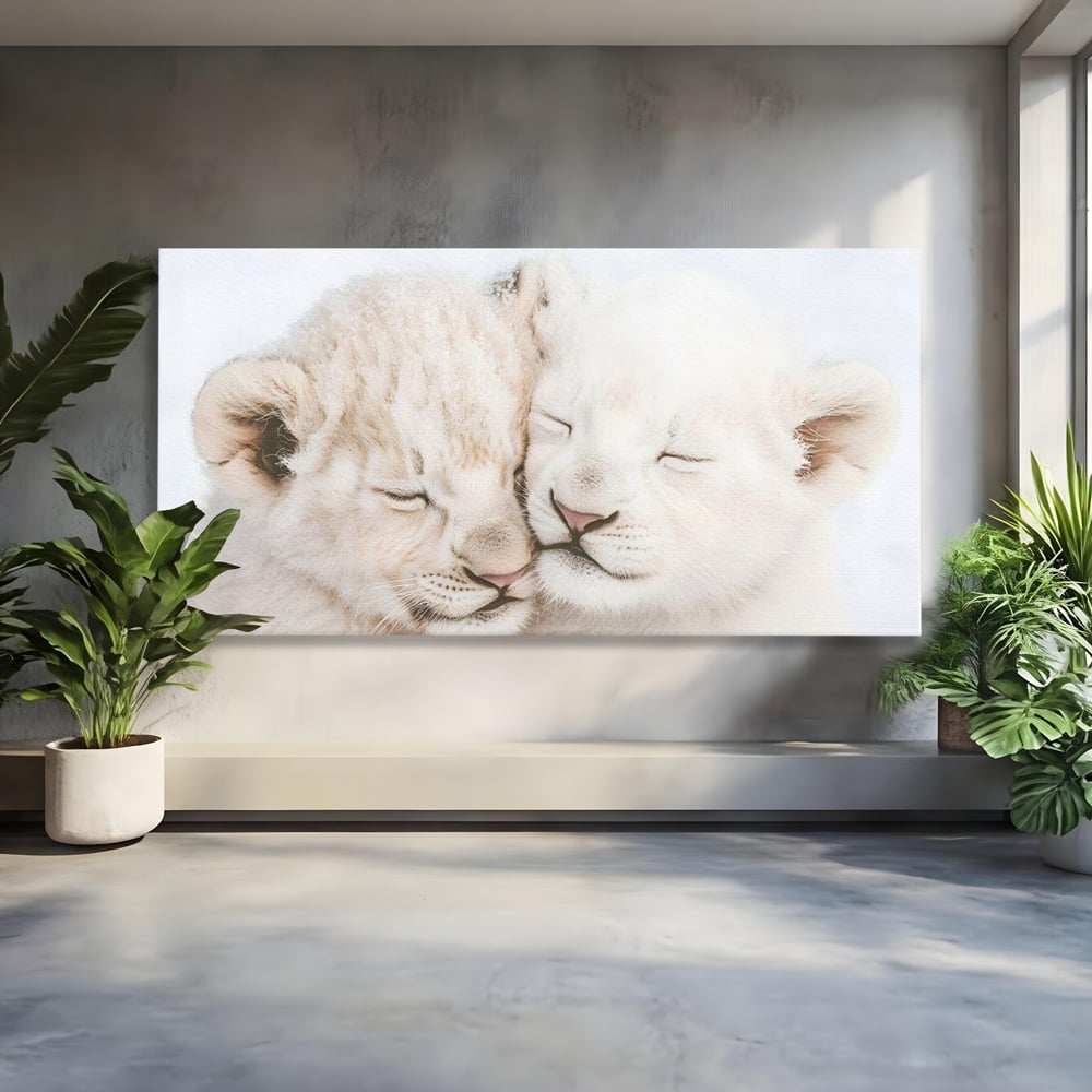 Leinwand Wandkunst Leinwand Wandkunst Premium, LuxCanva® M1395, Sweet Rest, Huhn, Küken, Löwen, Brüder, Schlaf, Unschuld, Reinheit, Reinheit, Umarmung, Traum, flauschig, liebenswert, Büro, Wohnen, Babyzimmer