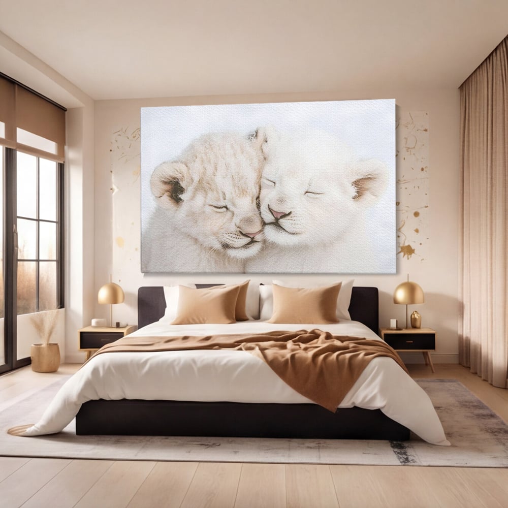 Leinwand Wandkunst Leinwand Wandkunst Premium, LuxCanva® M1395, Sweet Rest, Huhn, Küken, Löwen, Brüder, Schlaf, Unschuld, Reinheit, Reinheit, Umarmung, Traum, flauschig, liebenswert, Büro, Wohnen, Babyzimmer