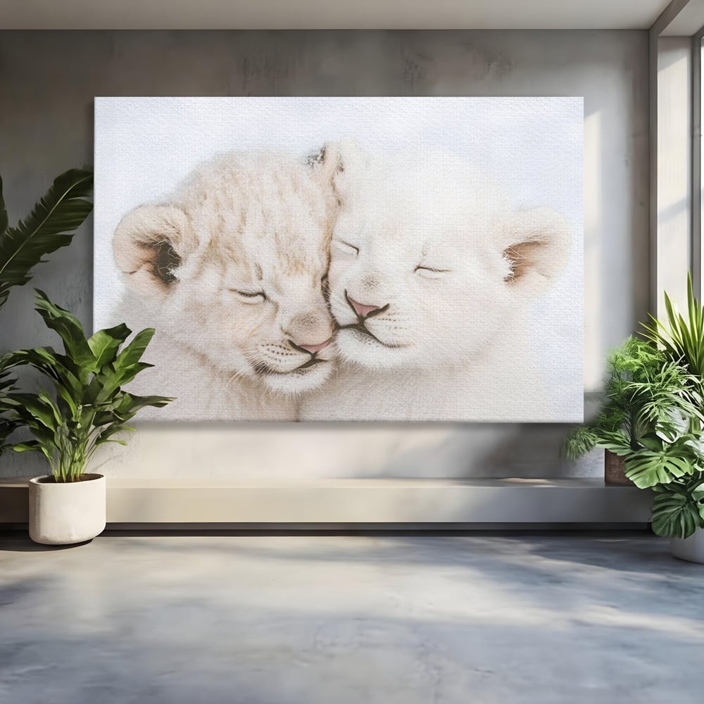 Leinwand Wandkunst Leinwand Wandkunst Premium, LuxCanva® M1395, Sweet Rest, Huhn, Küken, Löwen, Brüder, Schlaf, Unschuld, Reinheit, Reinheit, Umarmung, Traum, flauschig, liebenswert, Büro, Wohnen, Babyzimmer