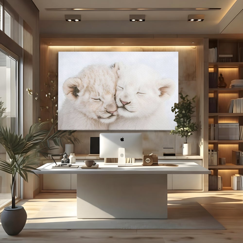 Leinwand Wandkunst Leinwand Wandkunst Premium, LuxCanva® M1395, Sweet Rest, Huhn, Küken, Löwen, Brüder, Schlaf, Unschuld, Reinheit, Reinheit, Umarmung, Traum, flauschig, liebenswert, Büro, Wohnen, Babyzimmer