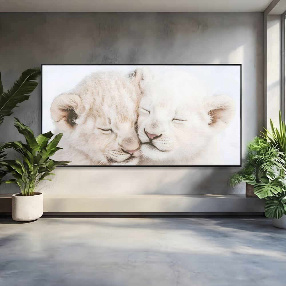 Leinwand Wandkunst Leinwand Wandkunst Premium, LuxCanva® M1395, Sweet Rest, Huhn, Küken, Löwen, Brüder, Schlaf, Unschuld, Reinheit, Reinheit, Umarmung, Traum, flauschig, liebenswert, Büro, Wohnen, Babyzimmer