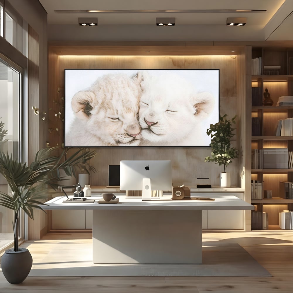 Leinwand Wandkunst Leinwand Wandkunst Premium, LuxCanva® M1395, Sweet Rest, Huhn, Küken, Löwen, Brüder, Schlaf, Unschuld, Reinheit, Reinheit, Umarmung, Traum, flauschig, liebenswert, Büro, Wohnen, Babyzimmer