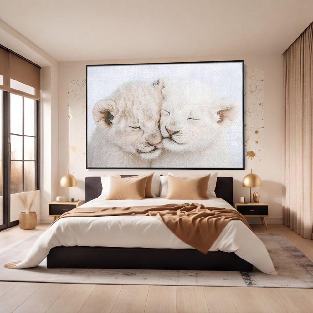 Leinwand Wandkunst Leinwand Wandkunst Premium, LuxCanva® M1395, Sweet Rest, Huhn, Küken, Löwen, Brüder, Schlaf, Unschuld, Reinheit, Reinheit, Umarmung, Traum, flauschig, liebenswert, Büro, Wohnen, Babyzimmer